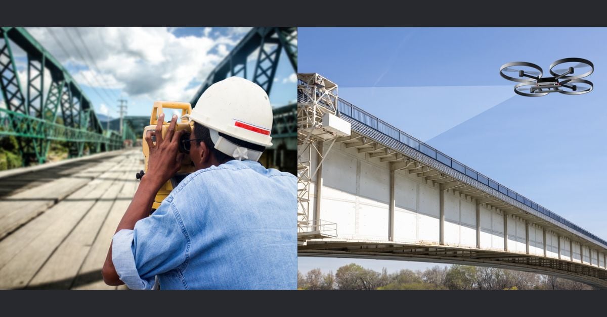 This image demonstrates the shift from manual infrastructure inspection to AI-powered methods (drone surveillance, data analysis).