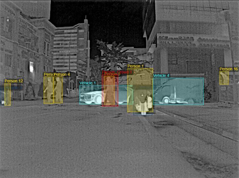 Thermal street scene with pedestrians, a crowd, and parked vehicles labeled