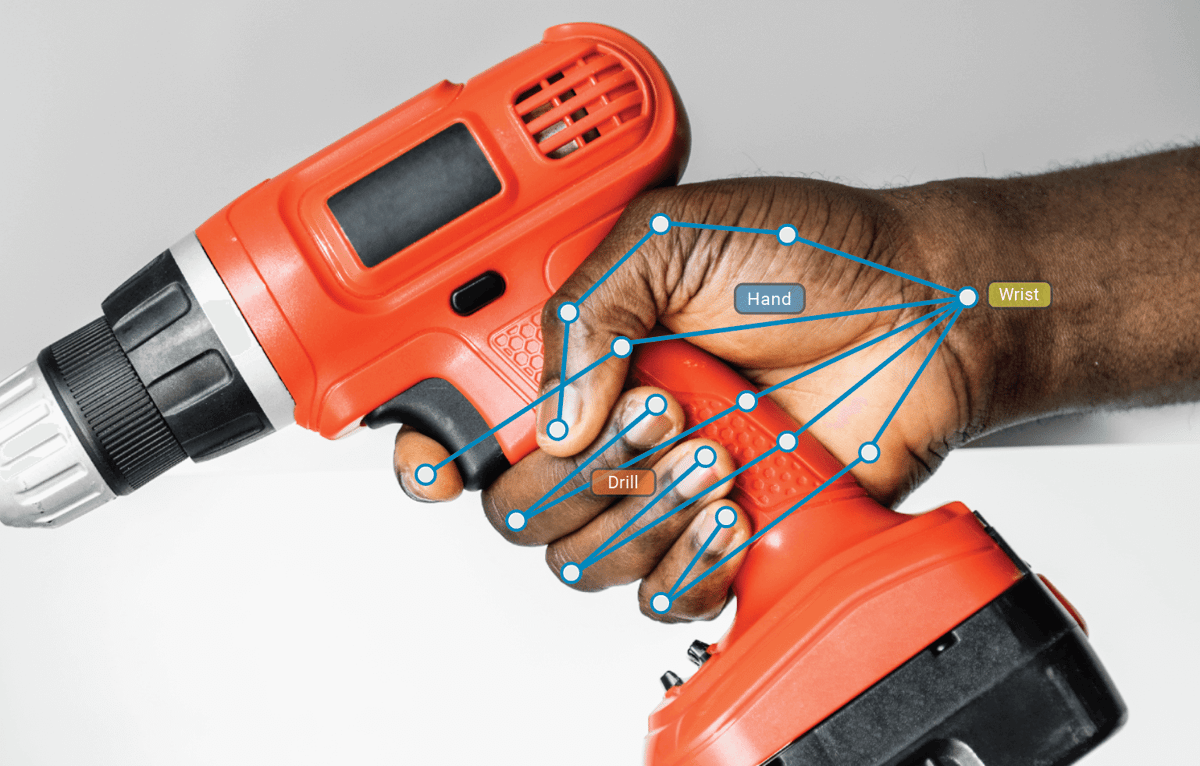 A company was using computer vision to build analytics solutions and needed to acquire a dataset of objects being held by human hands. The image shows a person’s right hand holding a cordless drilling tool. The hand and each finger are annotated to indicate where the hand is grasping the tool.