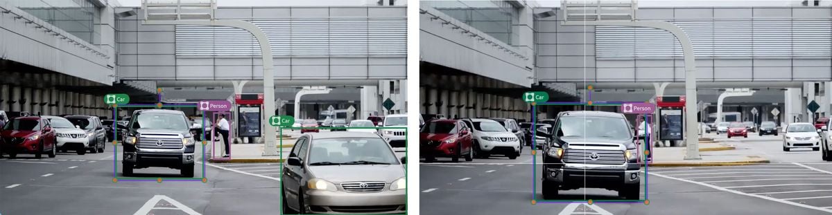 This is an example of image annotation for computer vision using tracking. There are two images of the same street scene. The incremental movement of two of the vehicles indicates that the images were captured seconds apart, one after the other. Both images show a truck, annotated with a bounding box and a label marked "truck." The image on the right is the same scene as the first, except the truck is shown further to the right, indicating that the truck has moved from the position shown in the earlier image.