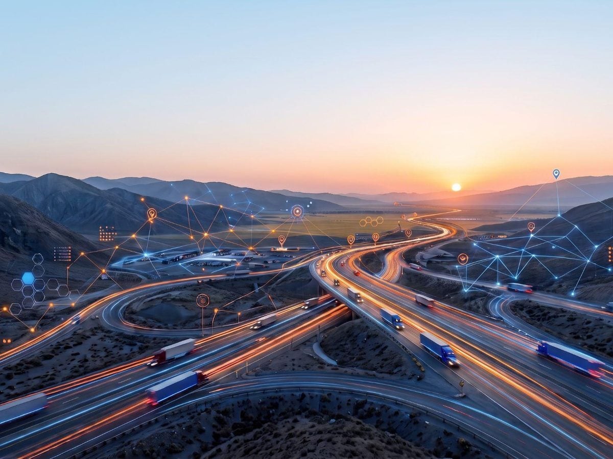 Freight trucks moving through a highway interchange at dusk, overlaid with a connected data network