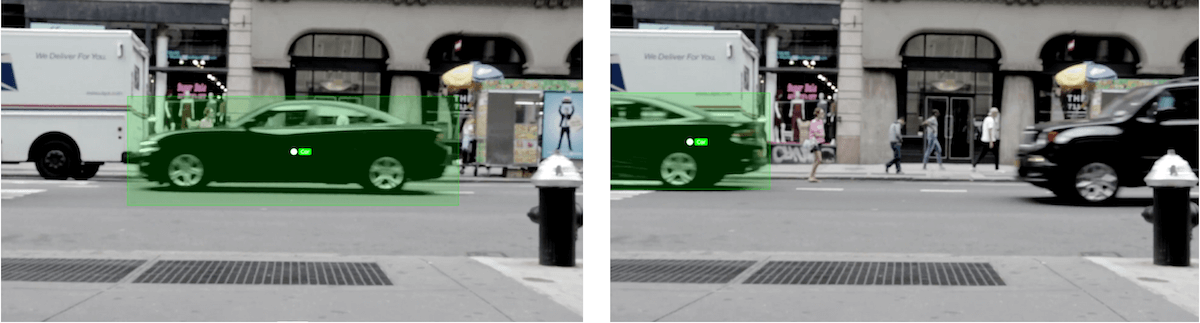 This is an example of image annotation using tracking. There are two images of the same street scene. The incremental movement of two of the vehicles indicates that the images were captured seconds apart, one after the other. The image on the left shows a car, annotated with a bounding box, with a label marked 'car.' The image on the right is the same scene as the first, except the car is shown further to the left, indicating that it has moved since the earlier image. In the second image, the car is annotated with a bounding box and a label marked 'car.'