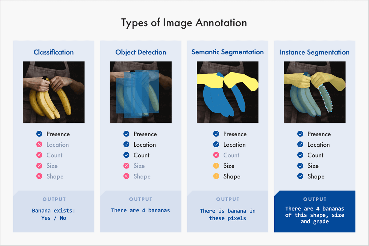 image annotation meaning This shows four versions of the same image, which depicts a person pulling a single banana off a bunch of bananas. Each image is annotated using a different type of image annotation. The first image is classification, and it shows the presence of a banana. The second image is object detection, and it shows the presence, location, and number of bananas. There are four bananas. The third image is semantic segmentation, and it shows the presence, location, and general size and shape of the banana bunch and the hands pulling one banana from the bunch. The fourth image is instance segmentation, and it shows the presence, location, count, size, and shape of the bananas. You can determine which type of image annotation to use based on the data you want your algorithms to consider.