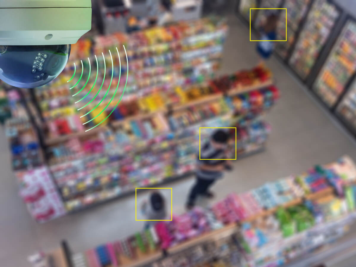 A retail security camera captures video of human movement in the store. That data, once accurately labeled, will train AI-powered retail checkout products.