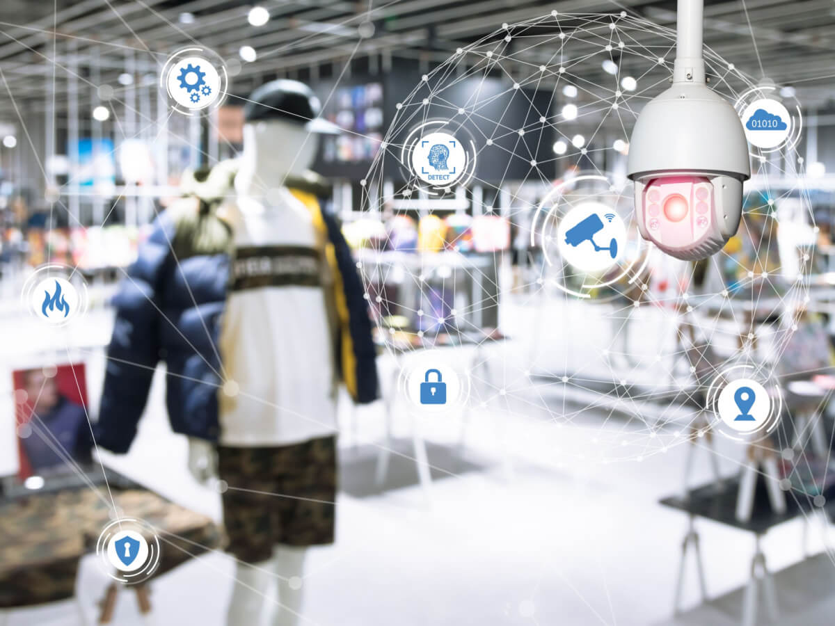 A retail store security camera gathering multiple computer vision images, which CloudFactory’s analysts prepare and label for machine learning and retail consumer insights. 